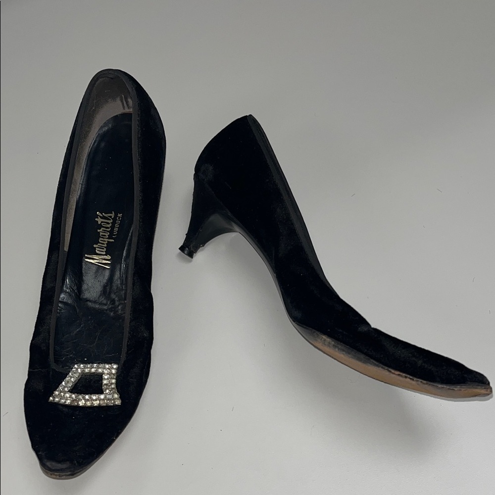 Margaret’s Vintage Velvet Black Heels with Rhinestone Accent